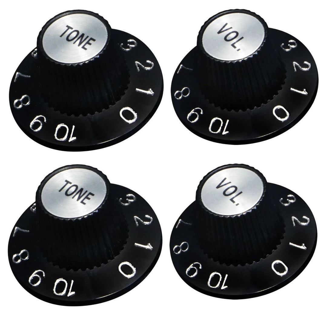 (4) Witch Hat Knobs Set For Fender & Gibson Guitars Black w Silver Cap Japan