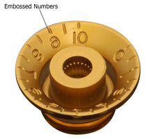 Load image into Gallery viewer, Bell Top Hat Knob Set (4) For USA Gibson Guitars - Embossed Numbers - Amber
