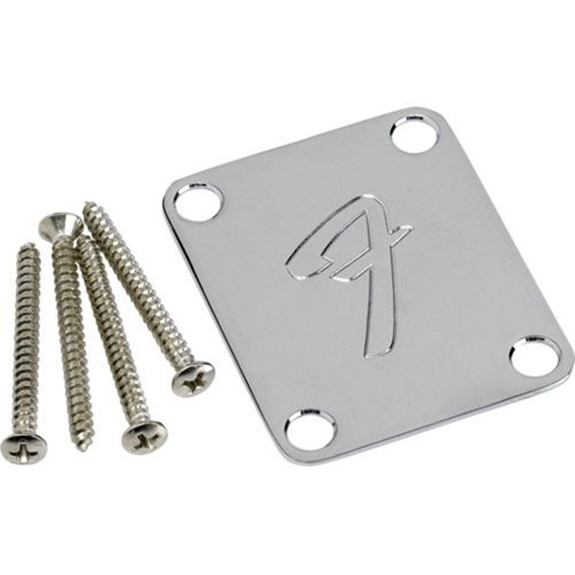 HW-050-CH - Original Fender F Logo 4 Bolt Neck Plate - Chrome